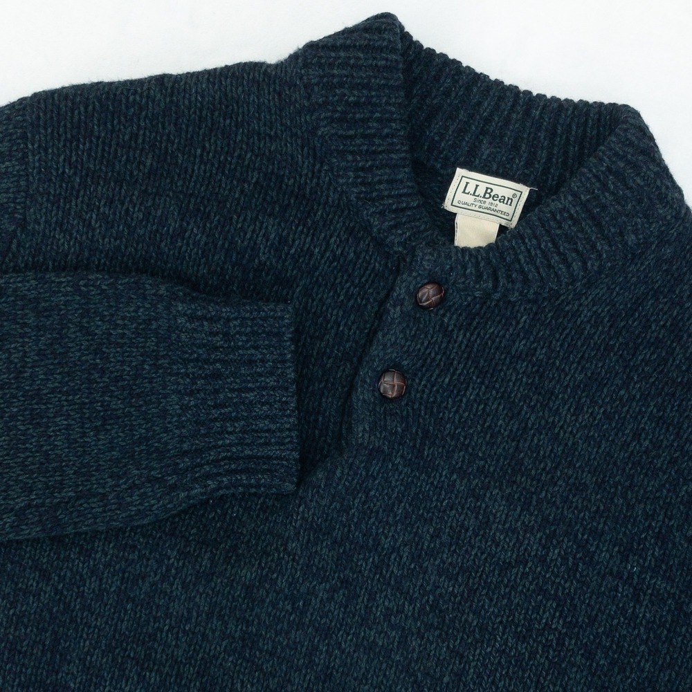LL Bean Classic Ragg Wool Sweater Mens Large Blue Lambswool Henley Mock Neck